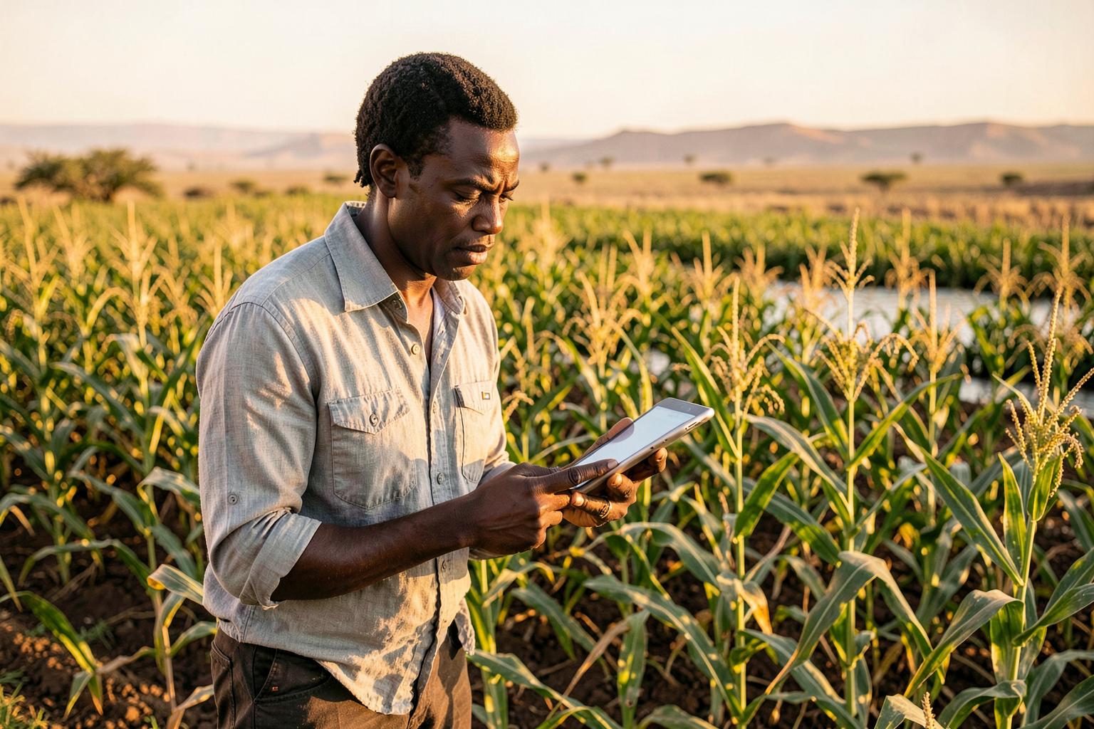 Agronomist inspecting maize crops on an irrigated commercial farm