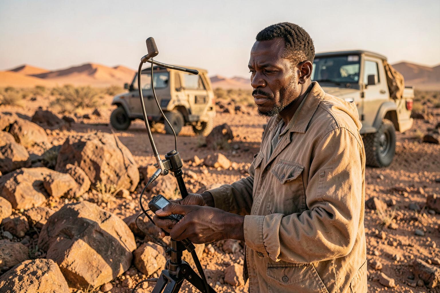 Geologist using survey equipment at a desert exploration site