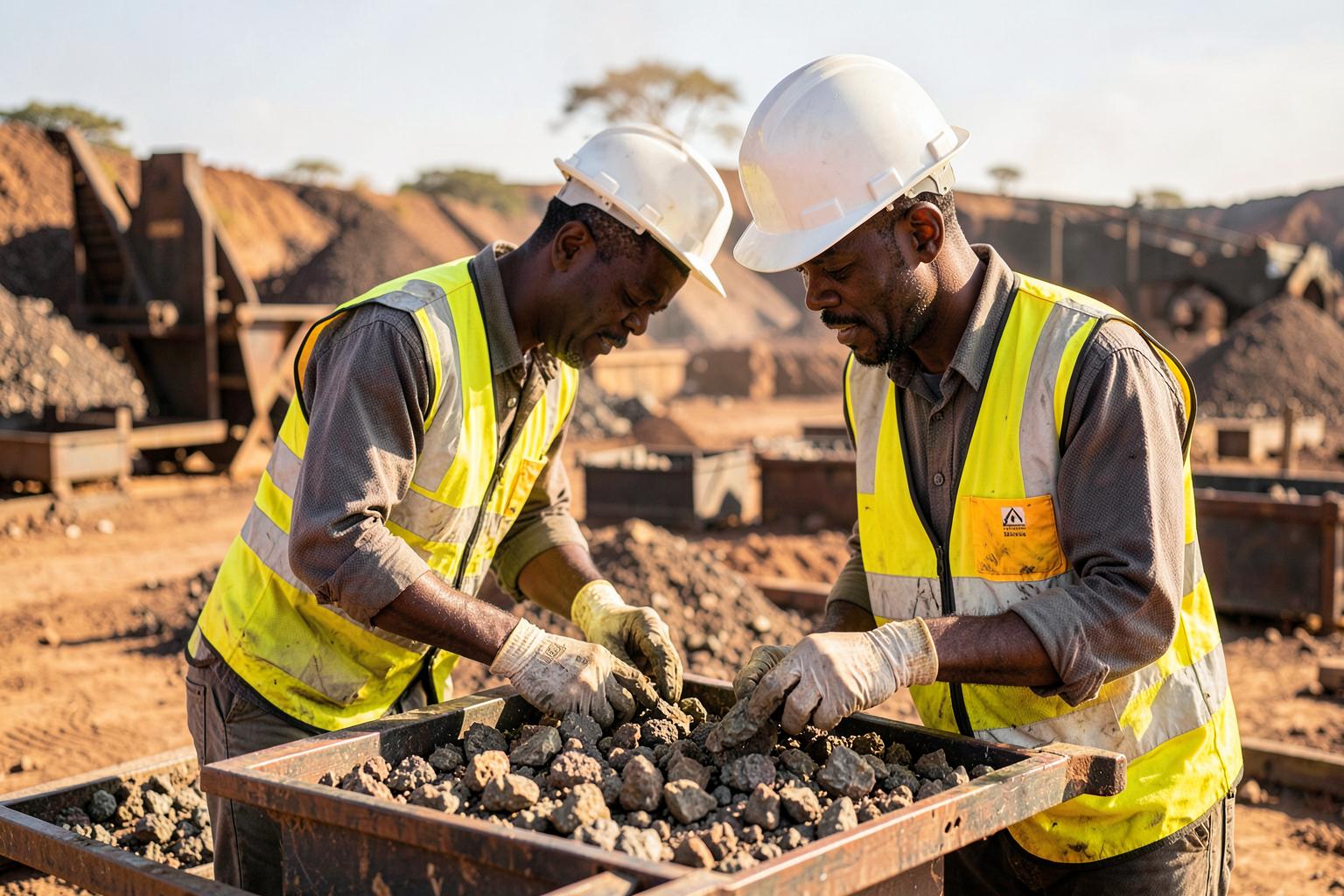 Mining engineers inspecting raw mineral ore samples on site