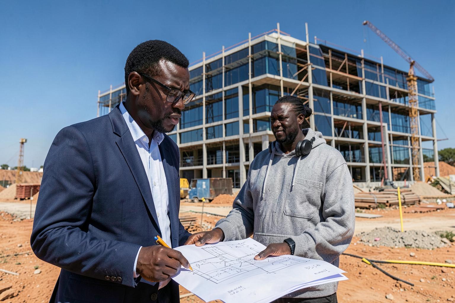 Developer and architect reviewing plans at a commercial construction site