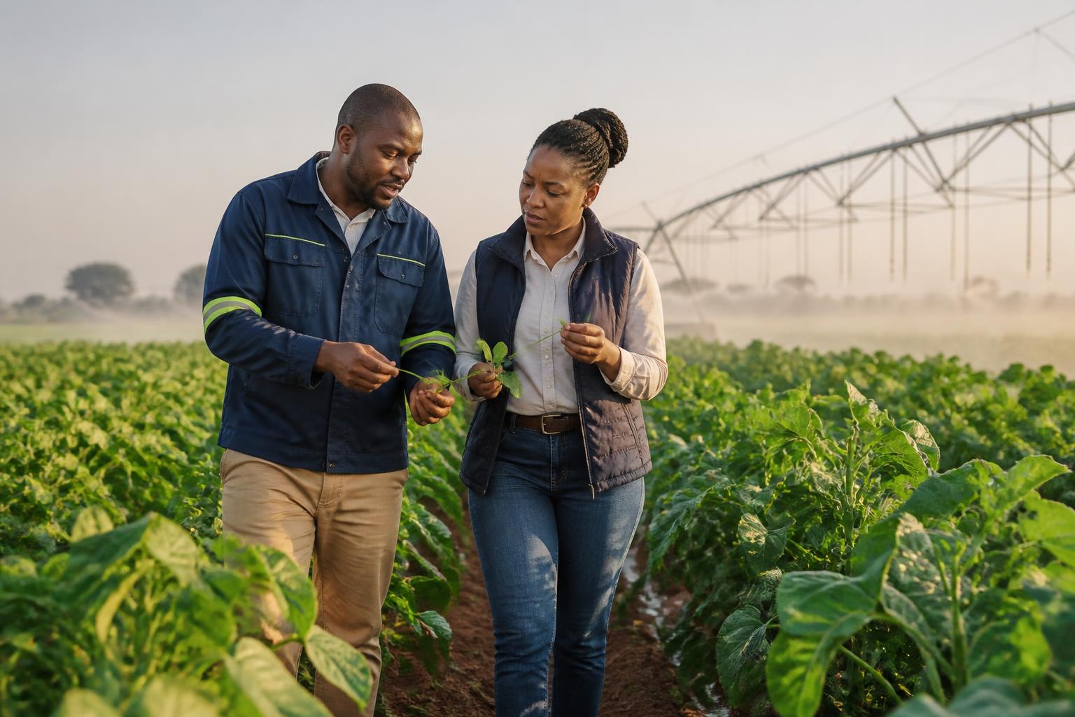 Commercial farmland with irrigation at sunrise