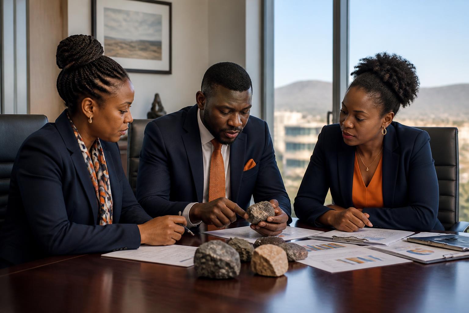 Advisory team reviewing mineral samples and market charts